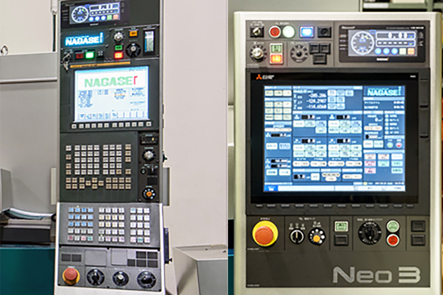 対話式ソフトのZeroシリーズ操作盤(左)、タッチパネル式のNeo操作盤(右)